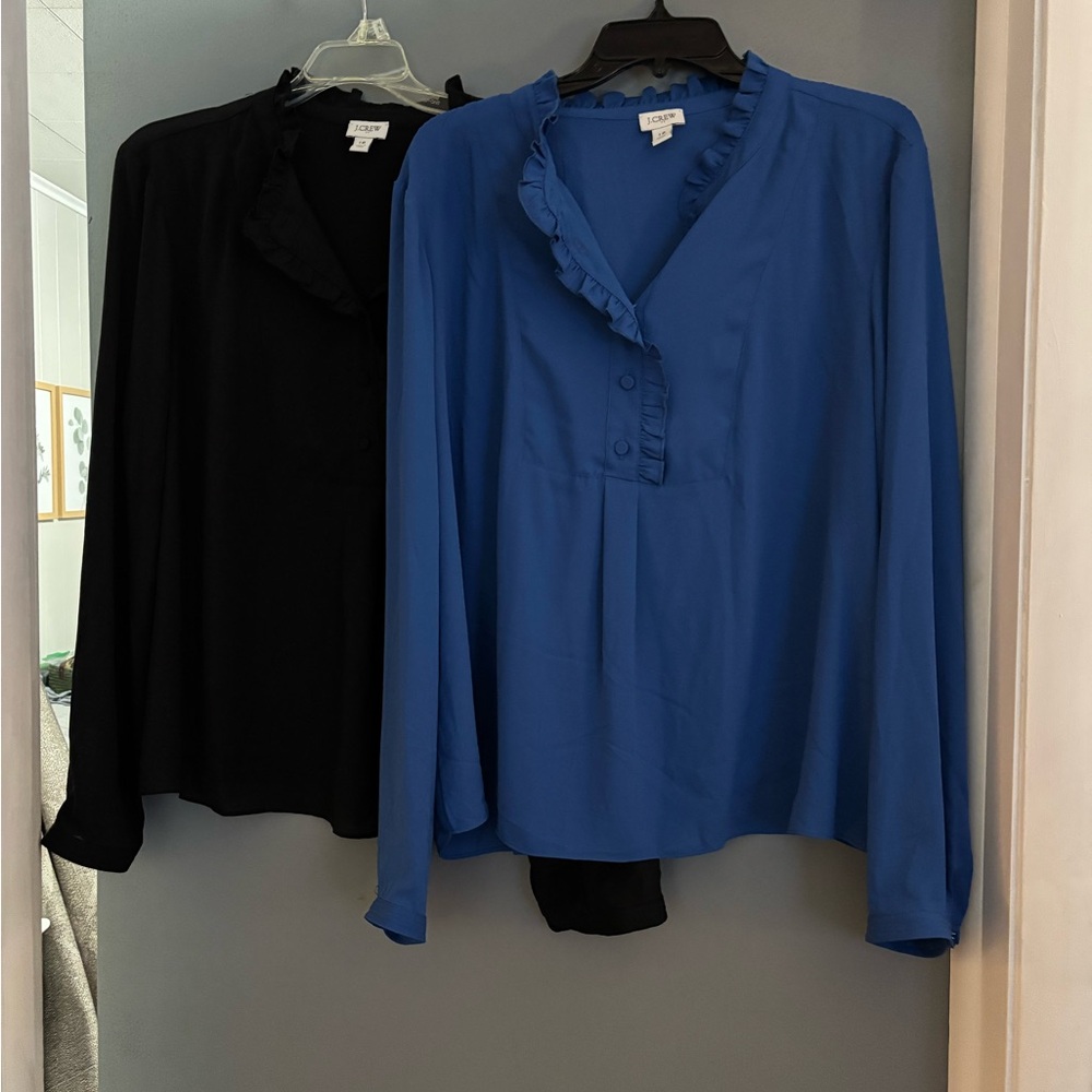 J. Crew Black and Blue Ruffled Blouses